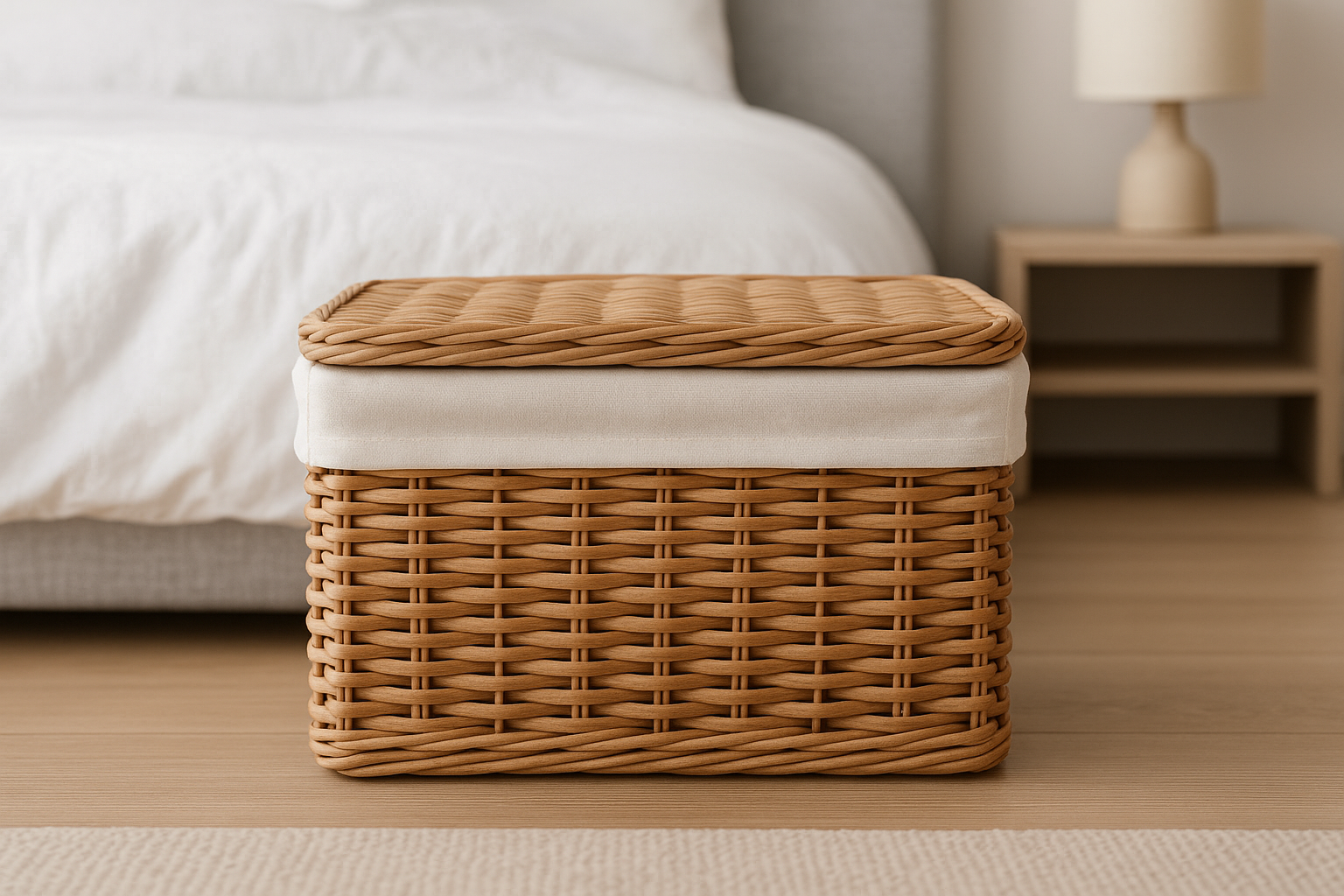 Cesta Organizadora com Tampa Vime Natural Forro Branco 35x25cm