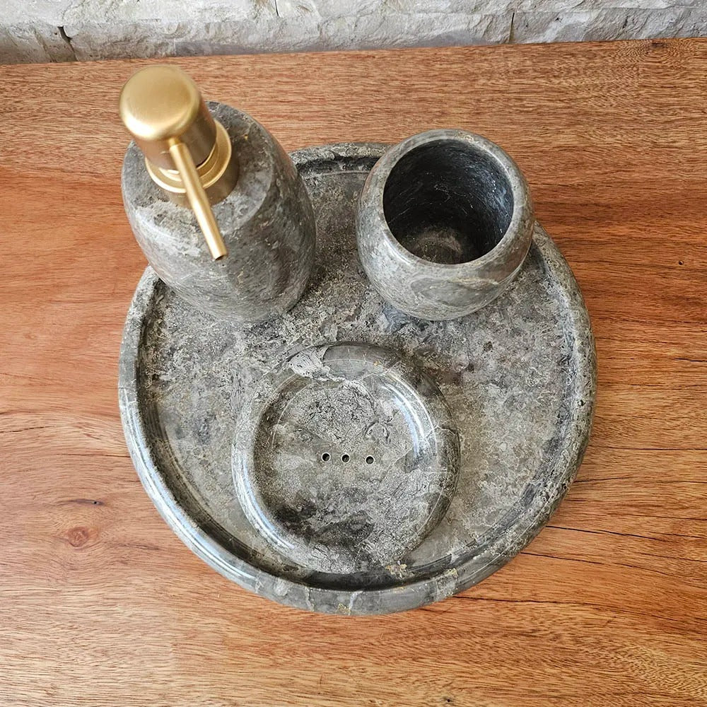 Conjunto de Banheiro em Mármore Natural Cinza - 4 peças